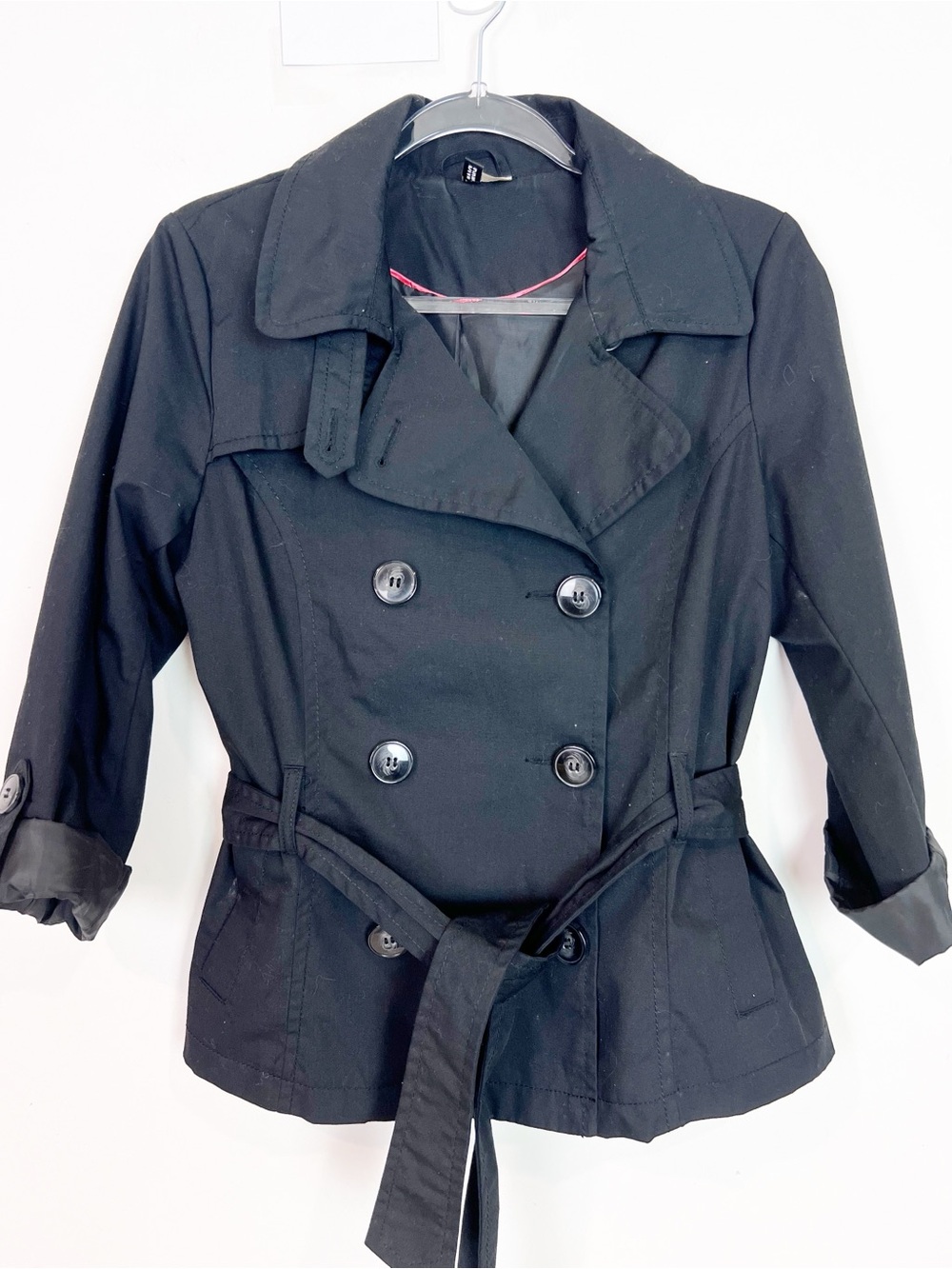 DIVIDED H&M BLACK DOUBLE BREASTED SHORT TRENCH COAT WITH BELT SZ 10